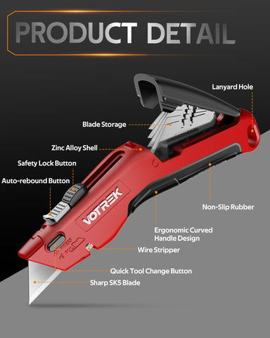 VOTREK box cutter ergonomic grip provides comfort for extended use.