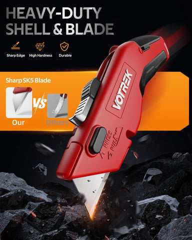 VOTREK box cutter manual lock keeps blades securely extended for heavy-duty cuts.