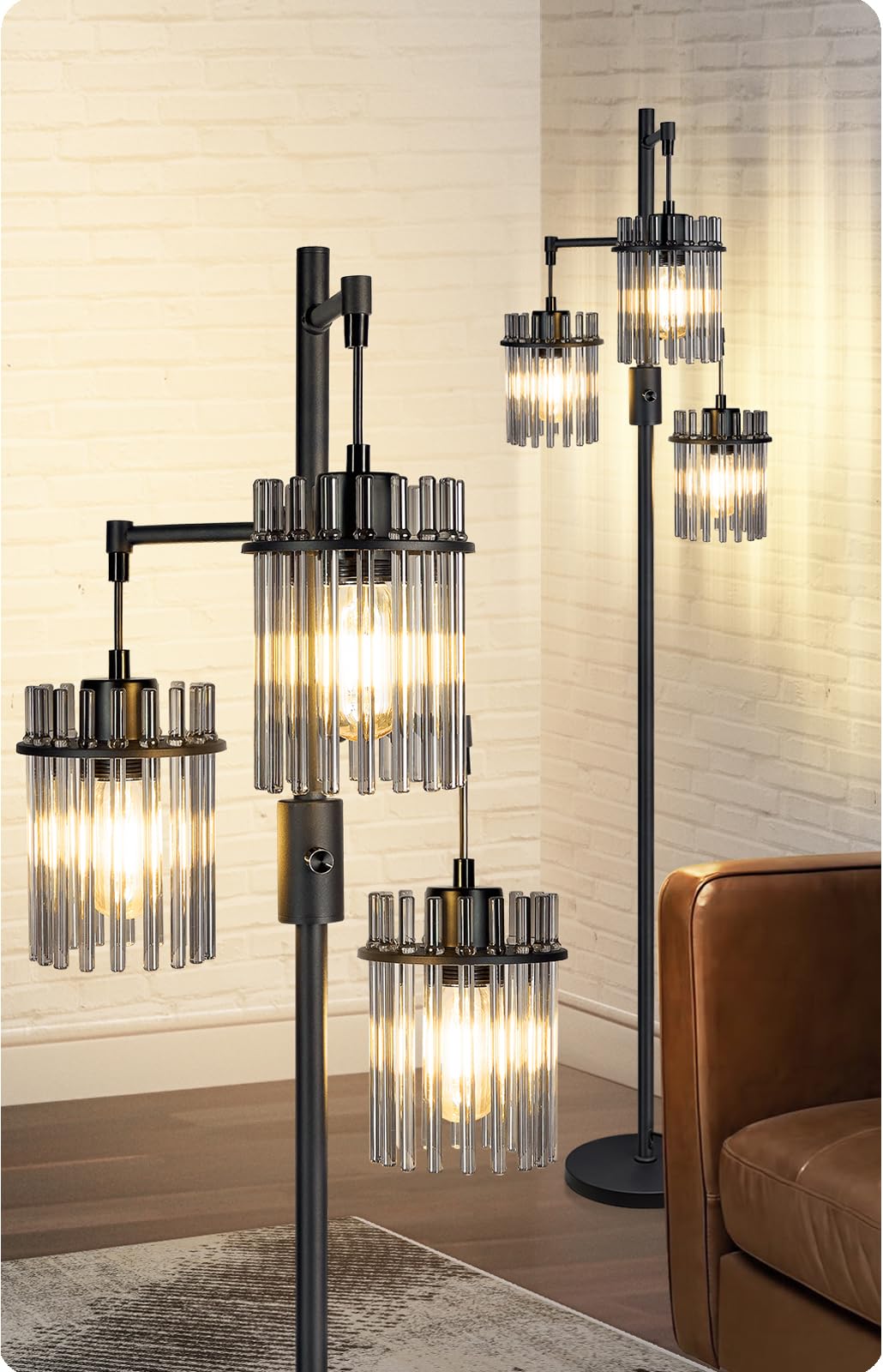VOUTOORO industrial floor lamp with teardrop cages adds warm ambient lighting.