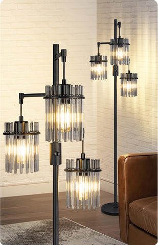 VOUTOORO industrial floor lamp with teardrop cages adds warm ambient lighting.