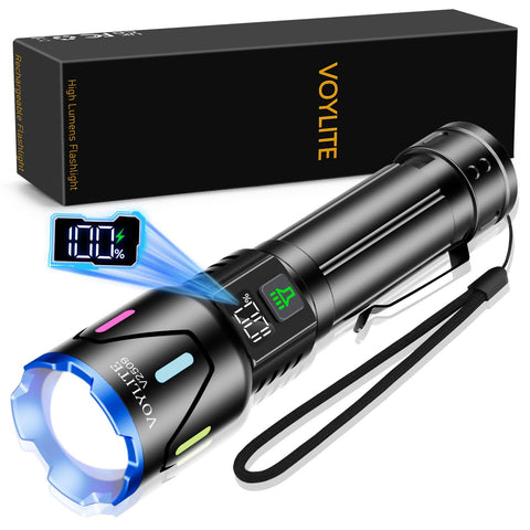 Voylite flashlights high-lumen beam for long-distance outdoor illumination.