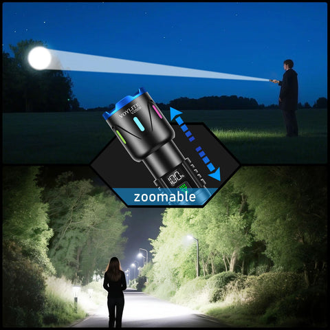 Voylite flashlight LCD display shows battery level at a glance.