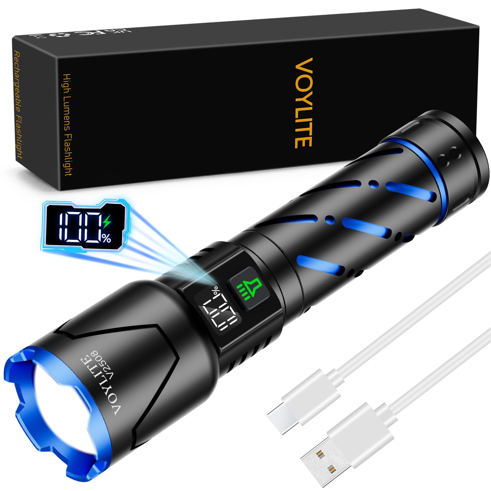 Voylite rechargeable flashlight beam delivering 100000 lumens for outdoor visibility