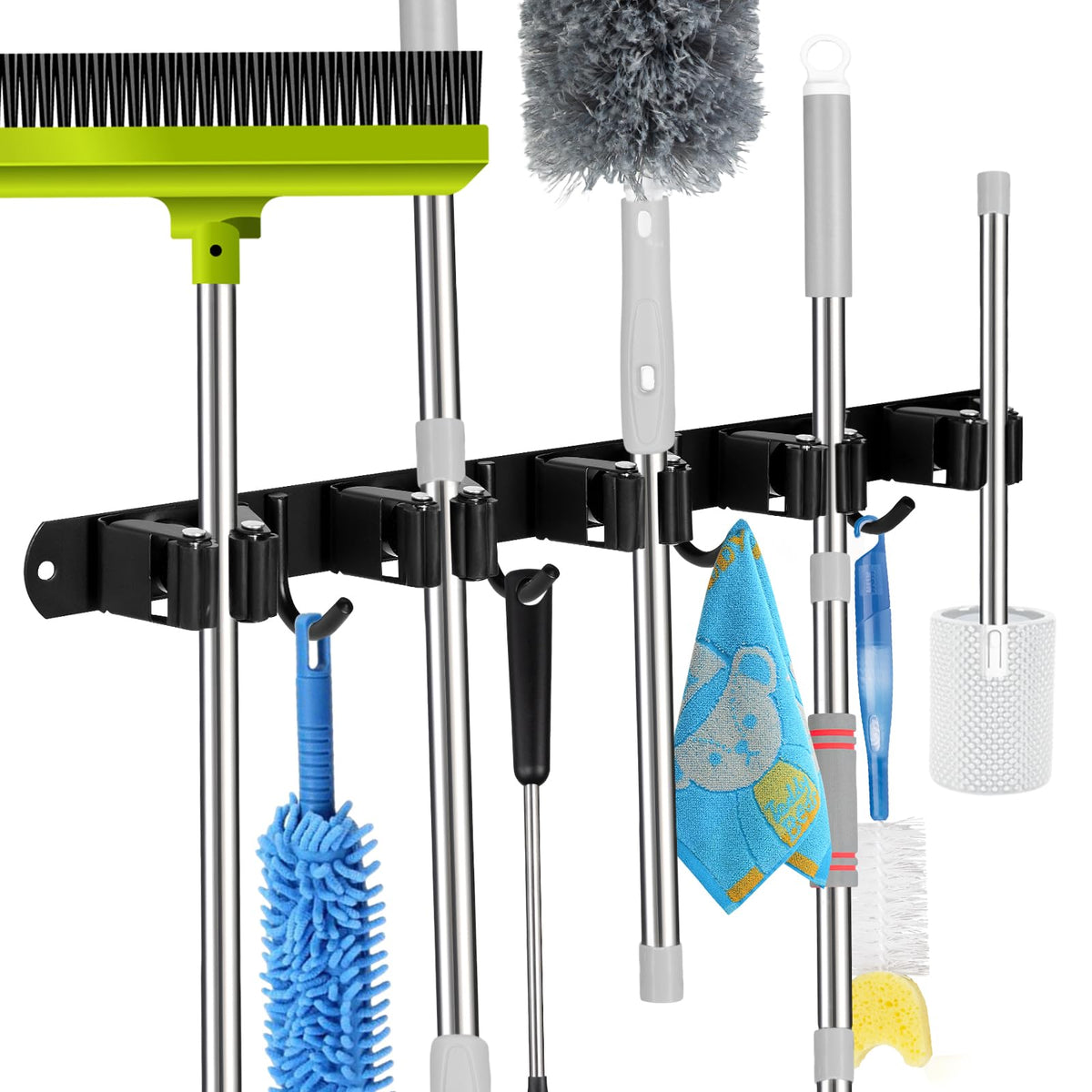 Voze broom-mop holder wall mount with 5 slots and 4 hooks keeps tools organized.