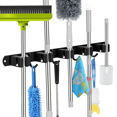 Voze broom-mop holder wall mount with 5 slots and 4 hooks keeps tools organized.