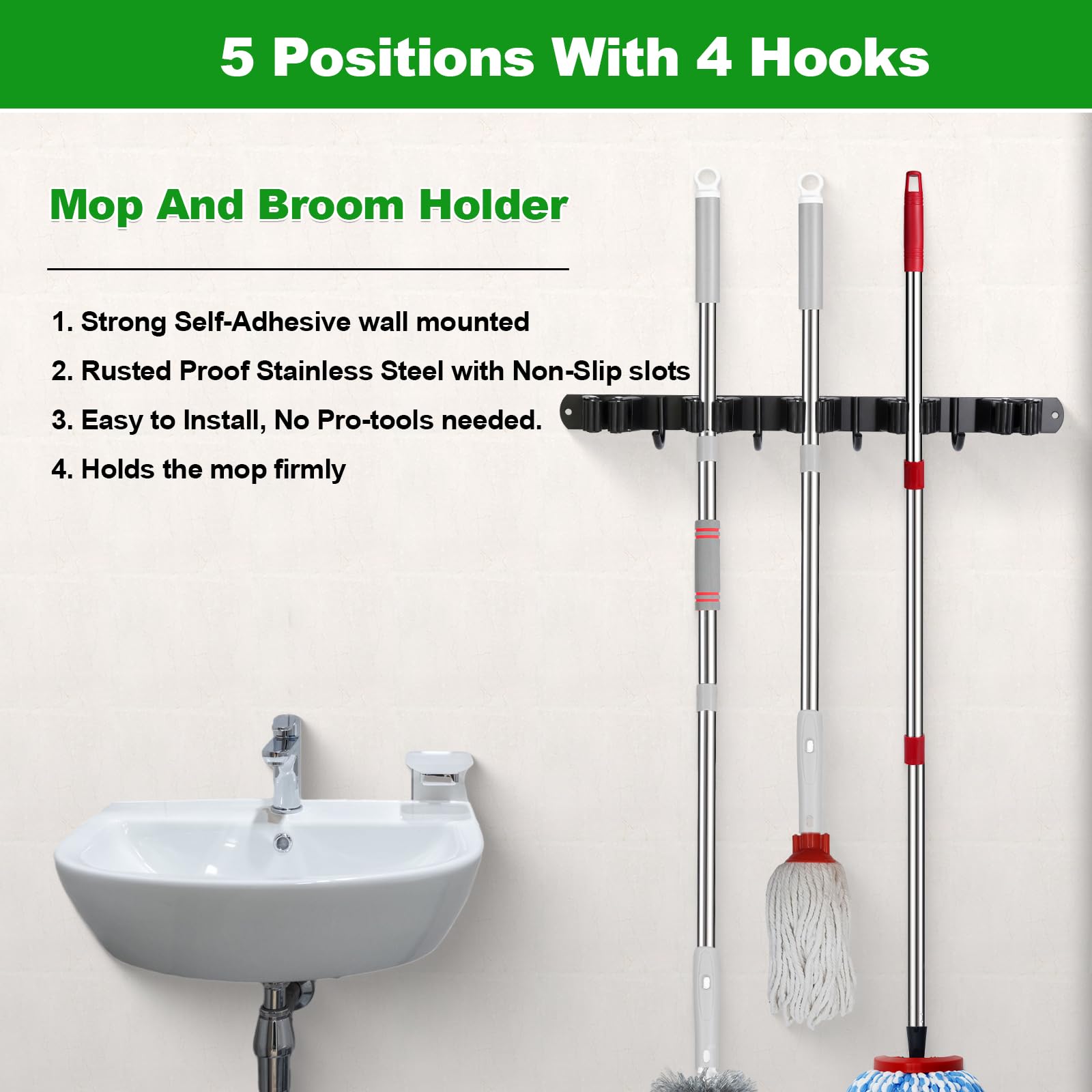 Voze self-adhesive broom organizer secures to smooth surfaces without drilling.