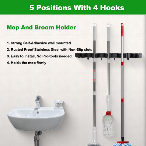 Voze self-adhesive broom organizer secures to smooth surfaces without drilling.