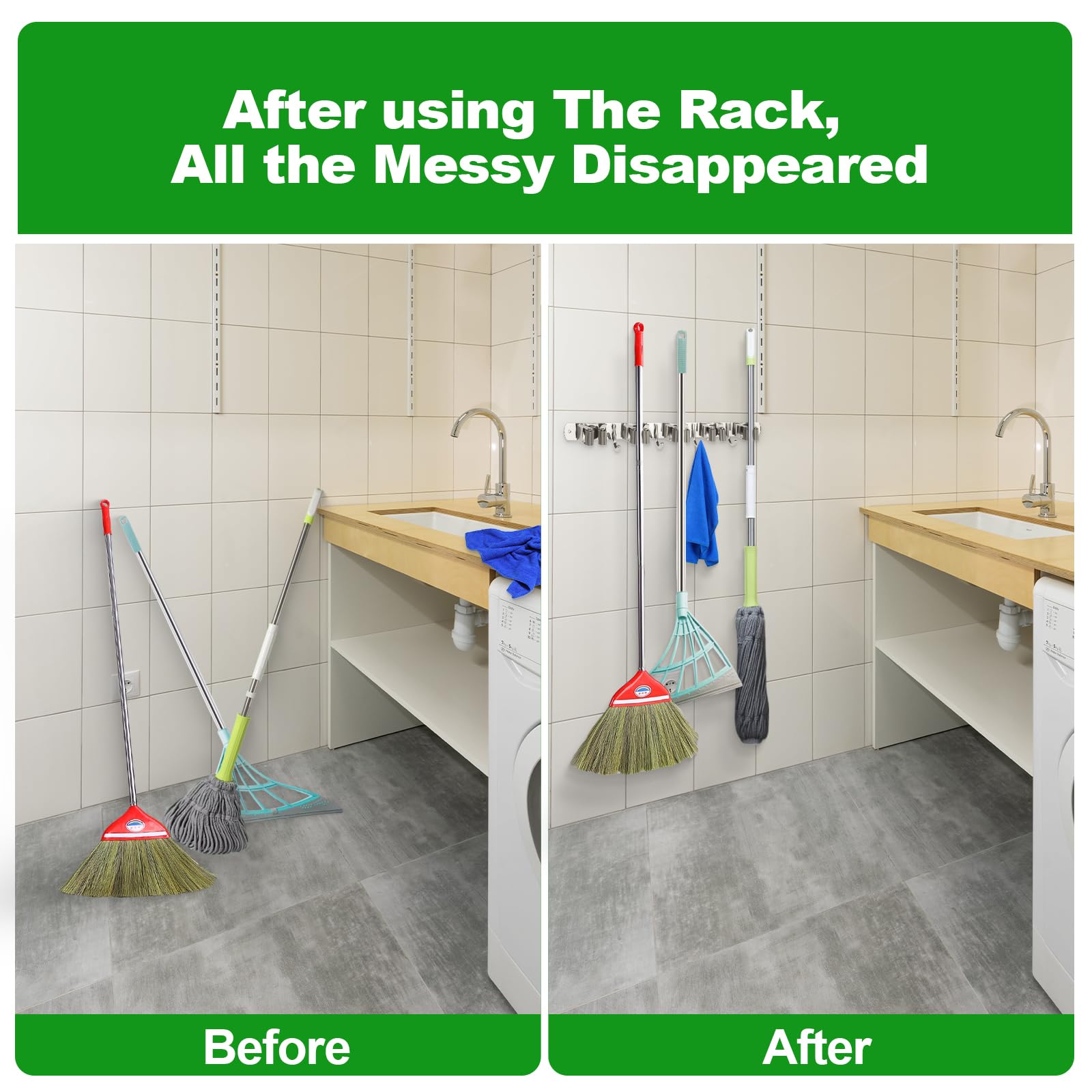 voze wall-mount organization in garage keeps brooms and mops easily reachable