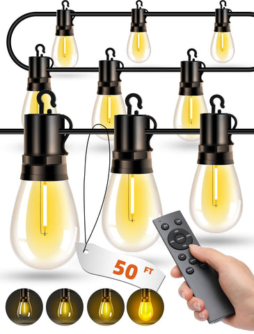 VOZUJI outdoor string lights illuminate a patio with warm S14 bulbs.