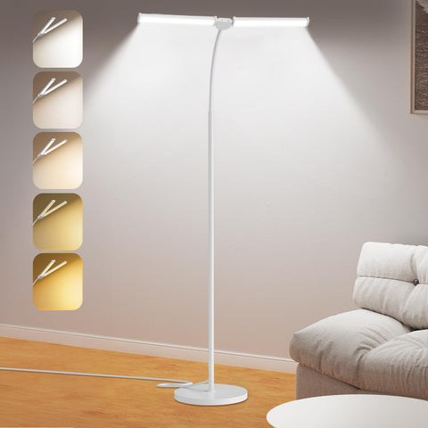 VrimNowit LED floor lamp dual-head angles for broad room illumination and task lighting.