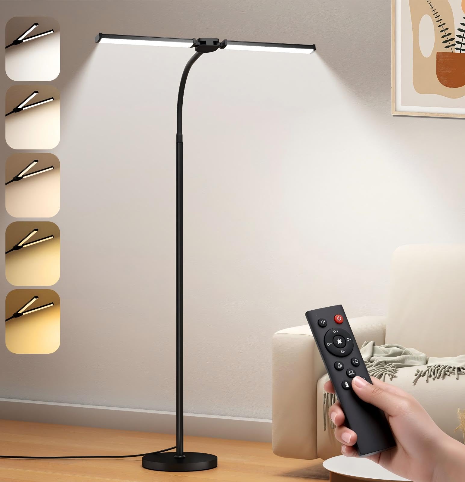VrimNowit LED floor lamp with dual heads delivering broad room illumination