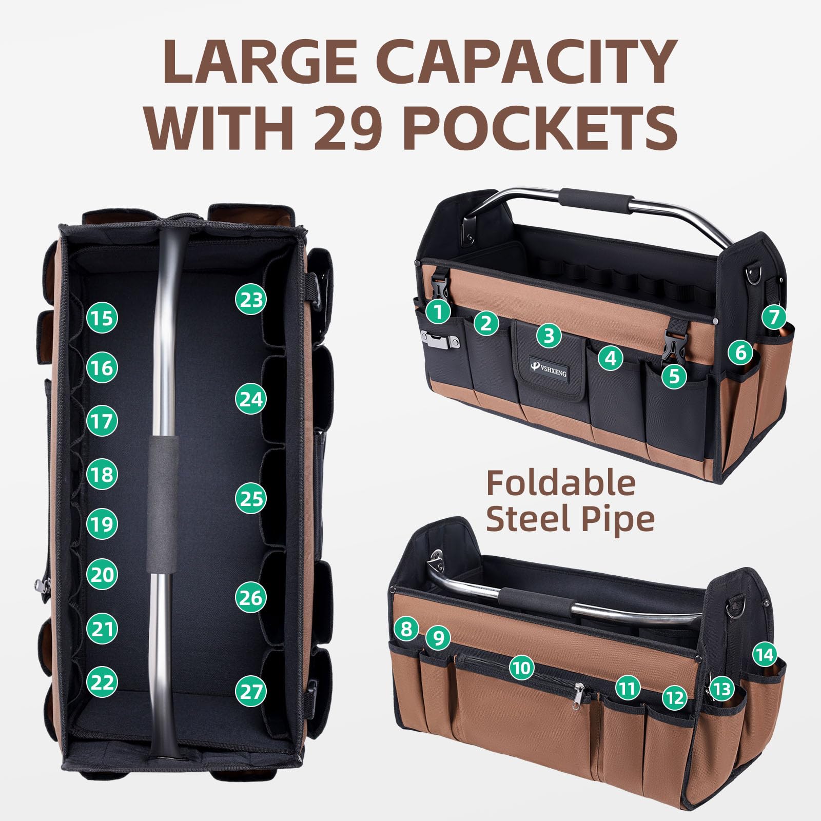 VSHXENG 19 pockets organize tools by size for easy retrieval.
