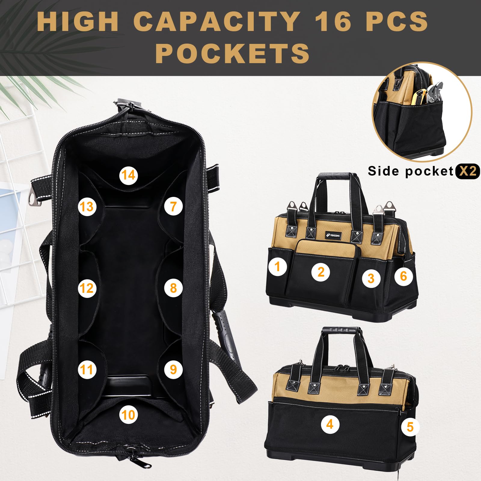 VSHXENG tool bag wide-mouth opening for quick access to tools