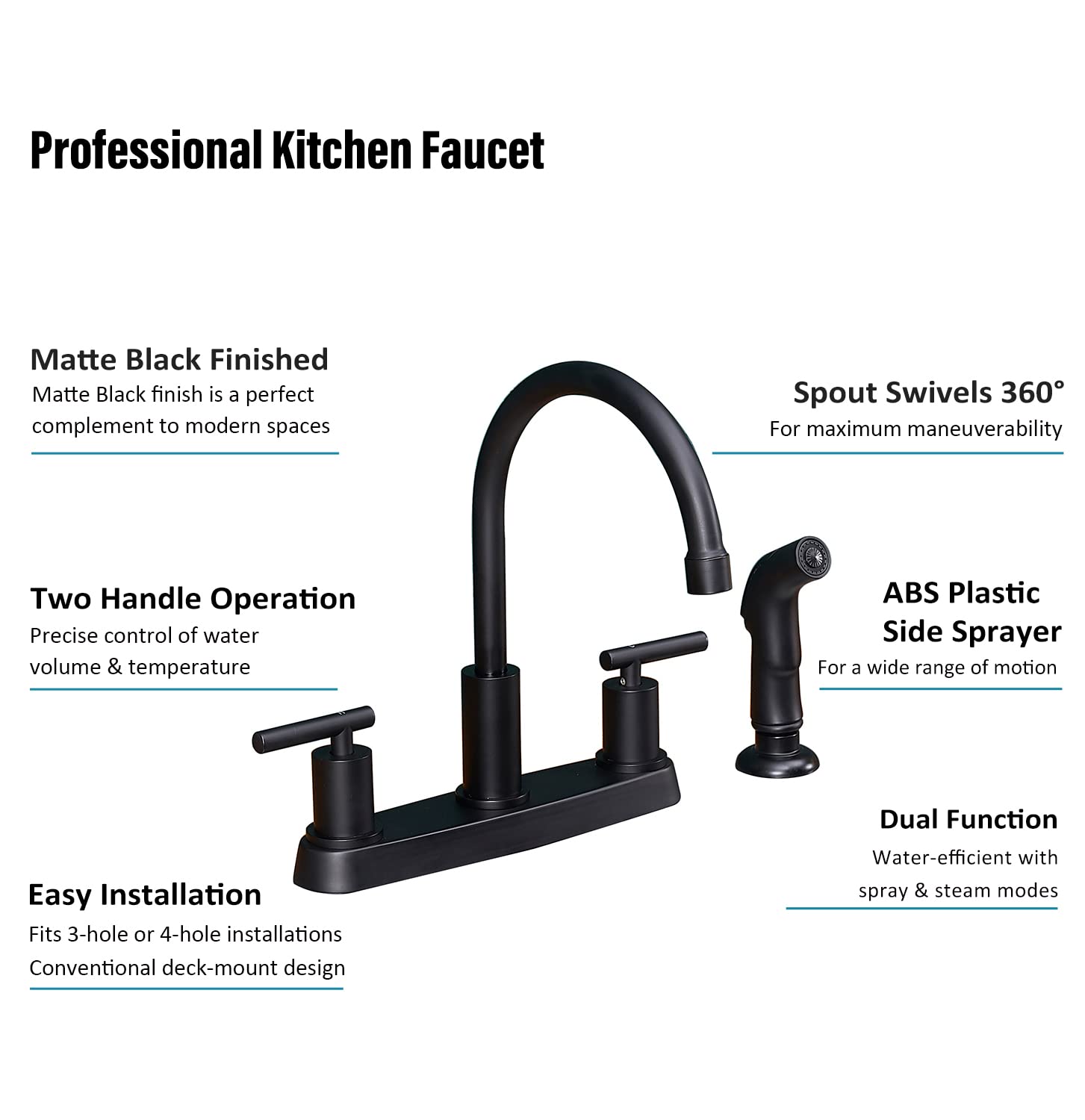 Vsunhoo black kitchen faucet compatible with 3-hole 8-inch installation