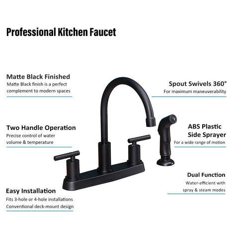 Vsunhoo black kitchen faucet compatible with 3-hole 8-inch installation