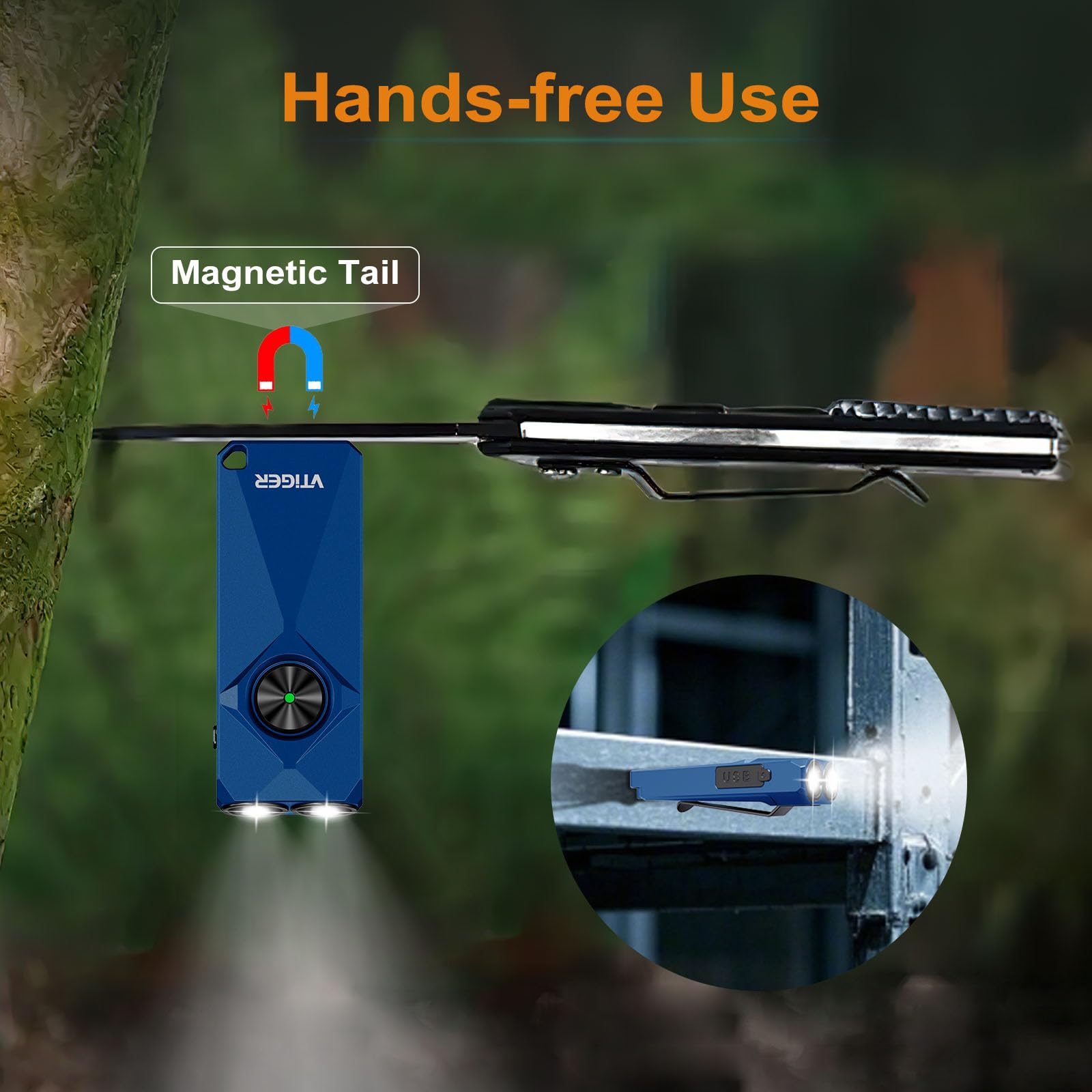 Back clip and magnet enable hands-free use for repairs or DIY.