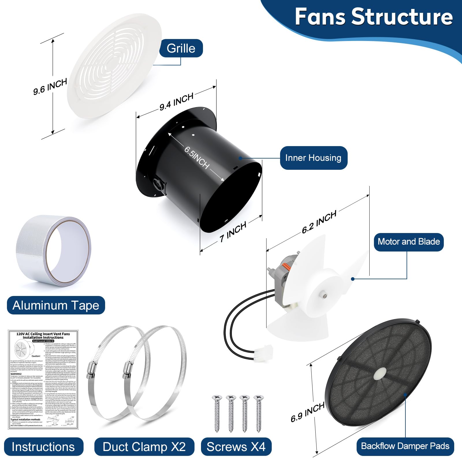 VTNPQ V2262-50 dual-ball-bearing-motor for durable, steady exhaust in busy bathrooms