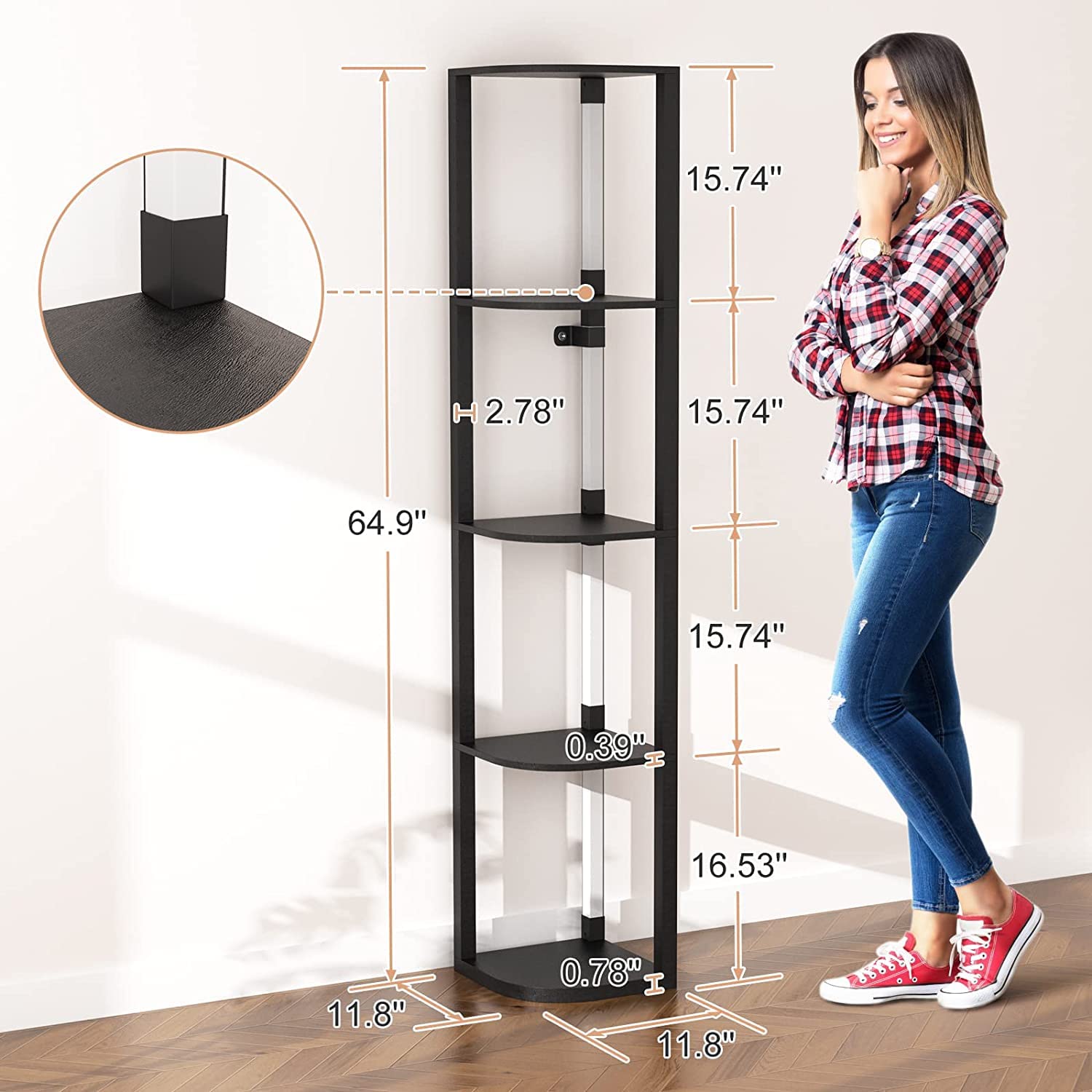 VTRIN corner shelf remote control allows quick lighting adjustments for mood.