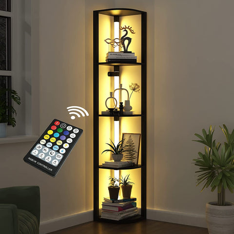 VTRIN corner shelf with light displaying books and decor in a modern living room.