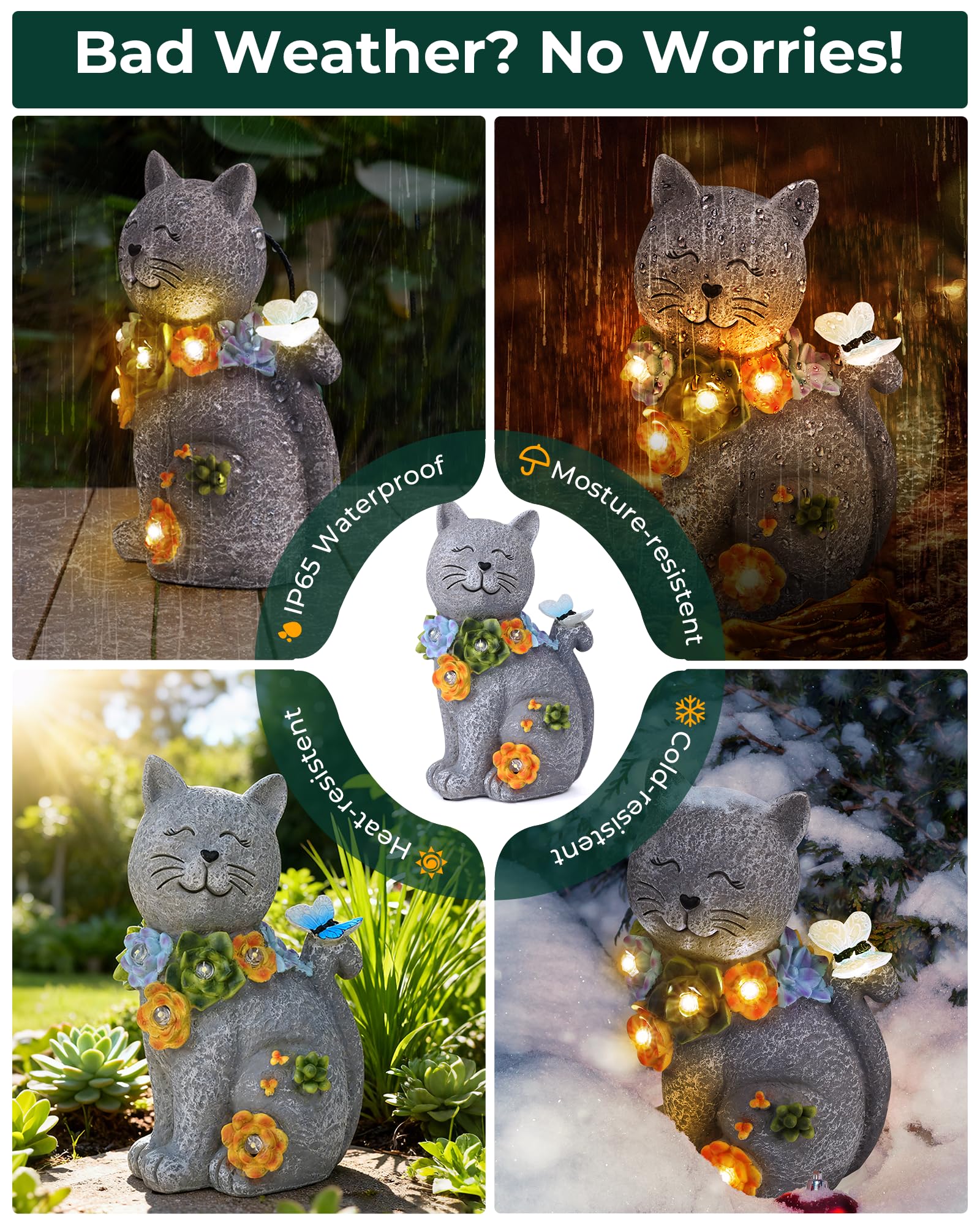 Vuees waterproof garden statue withstands rain for year-round outdoor decor.