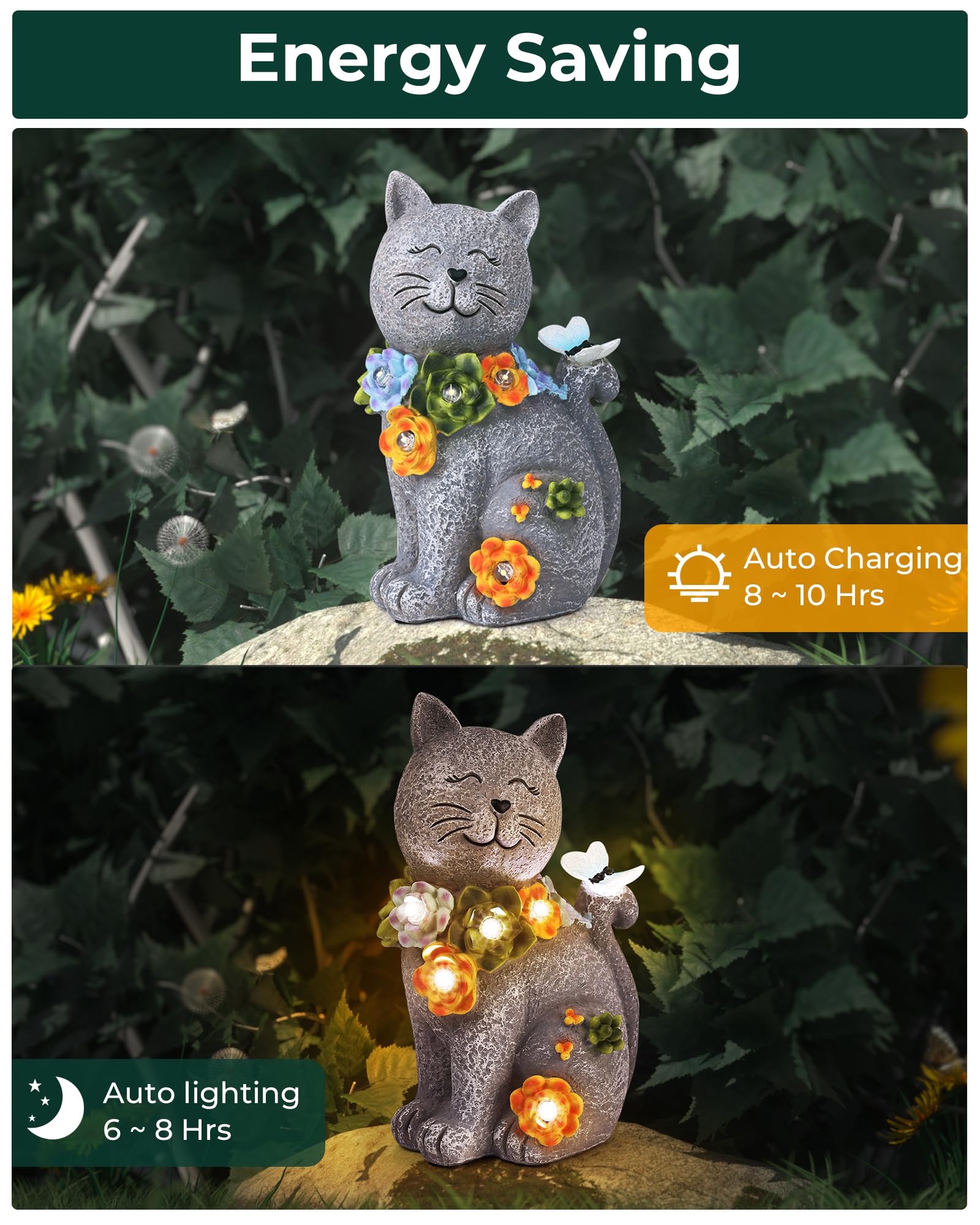 Vuees solar cat statue includes manual and 18-month warranty.