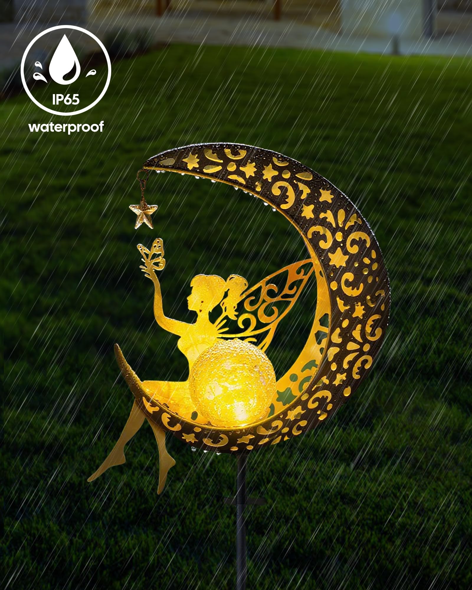 Vuees solar LED night lighting reflects softly on grass.