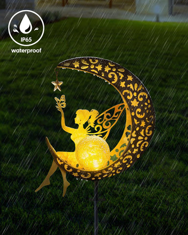 Vuees solar LED night lighting reflects softly on grass.