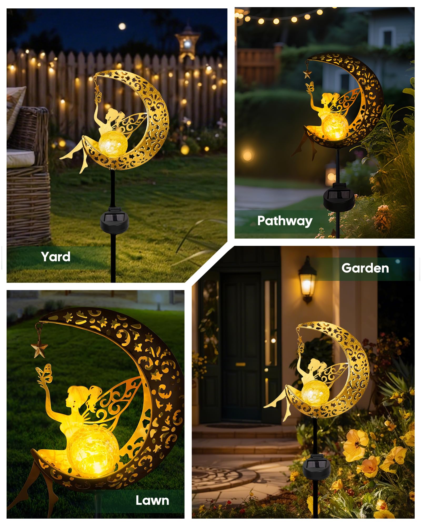 Vuees solar outdoor decor with warm white LEDs along lawn.