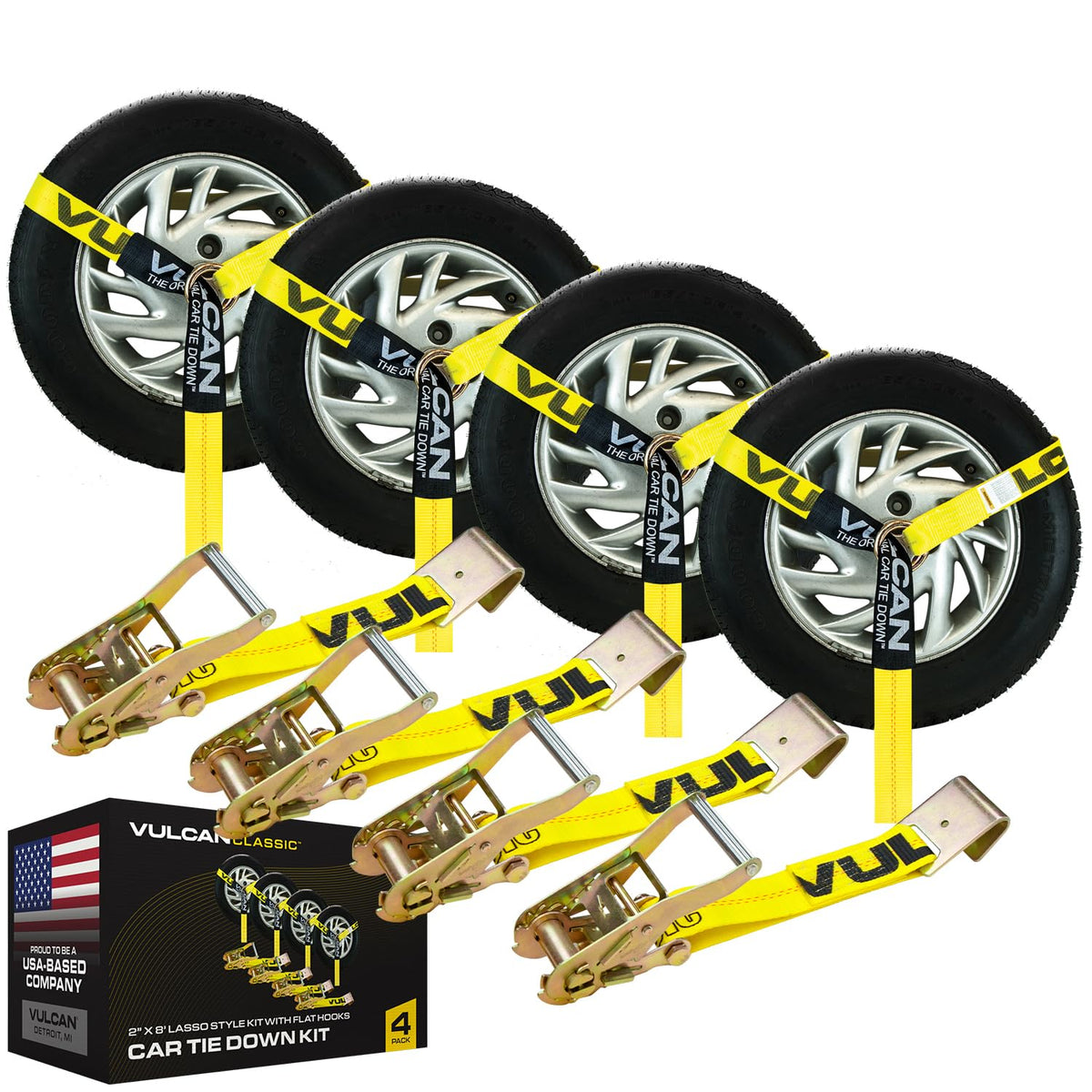 VULCAN car tie down with flat hooks on yellow webbing for secure transport