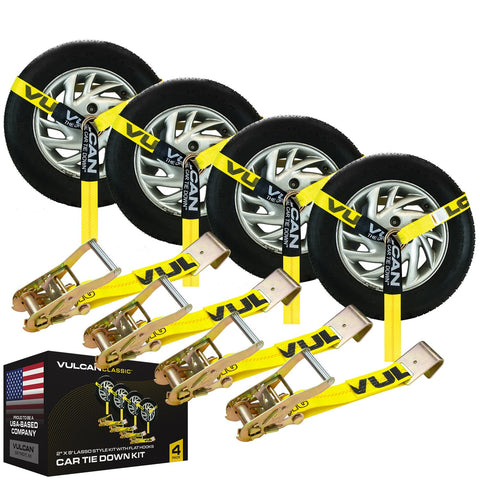VULCAN car tie down with flat hooks on yellow webbing for secure transport