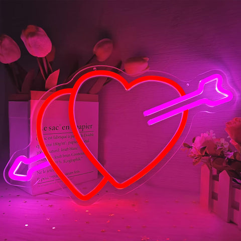 Vveikea Valentines neon heart double with arrow on wall for romantic ambiance