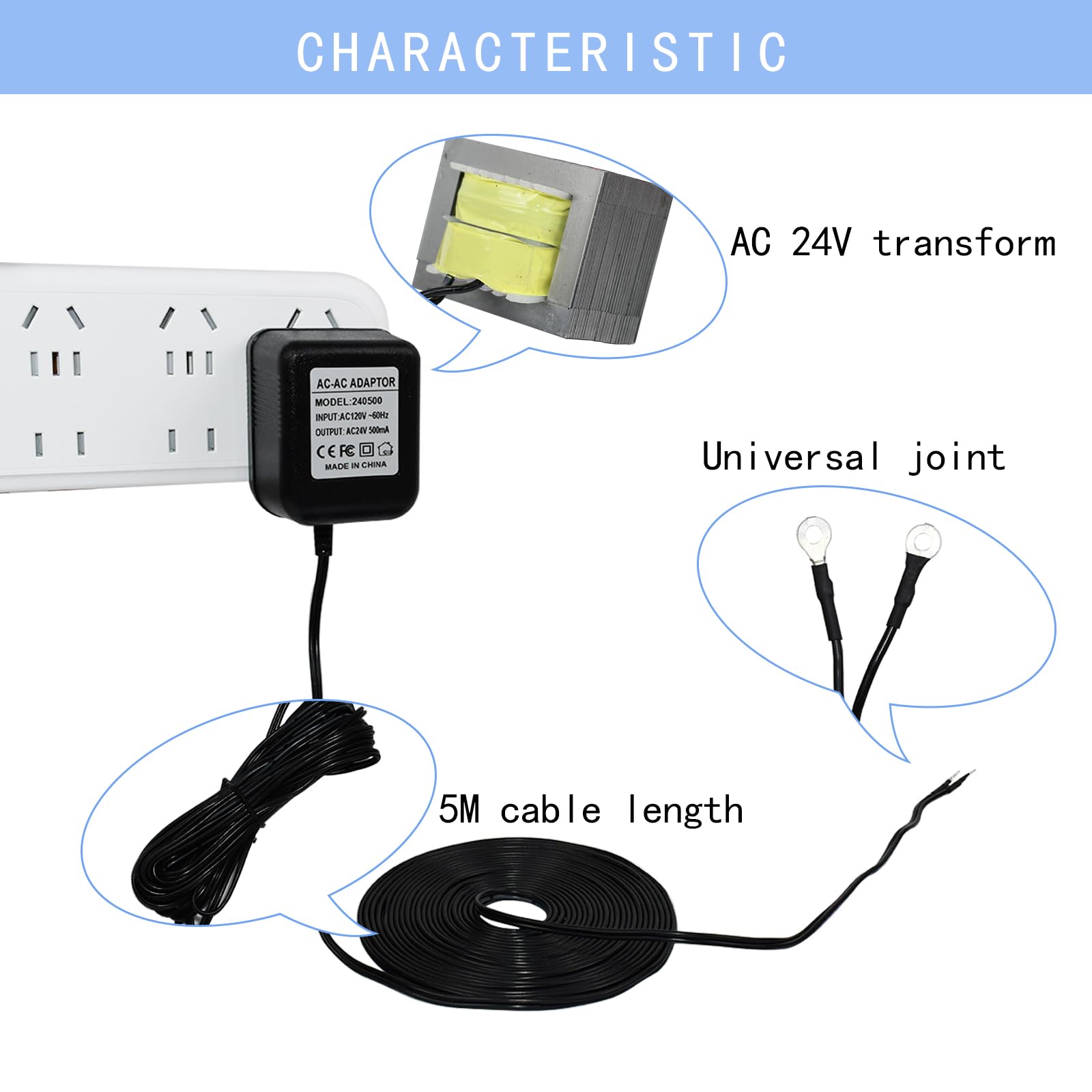 VVHOOY 24V transformer side cable shows long reach for installation.