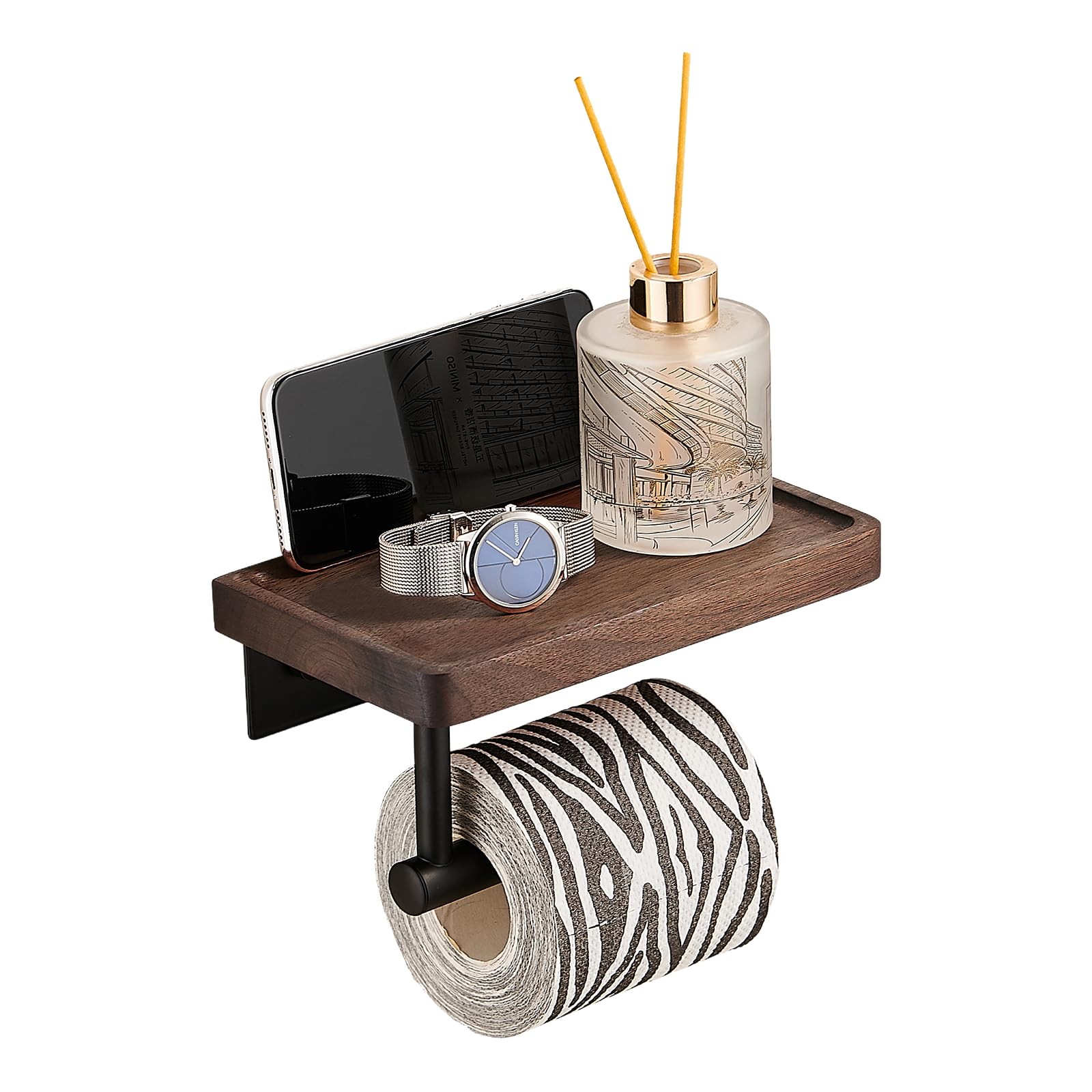 VXINSTZ toilet paper holder with shelf, rust-resistant steel and walnut surface