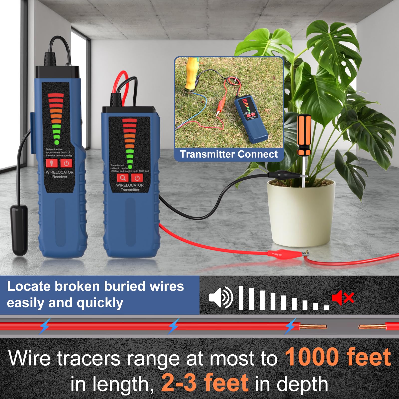 VXSCAN F04 depth range illustration demonstrates detection up to 2-3 feet underground.