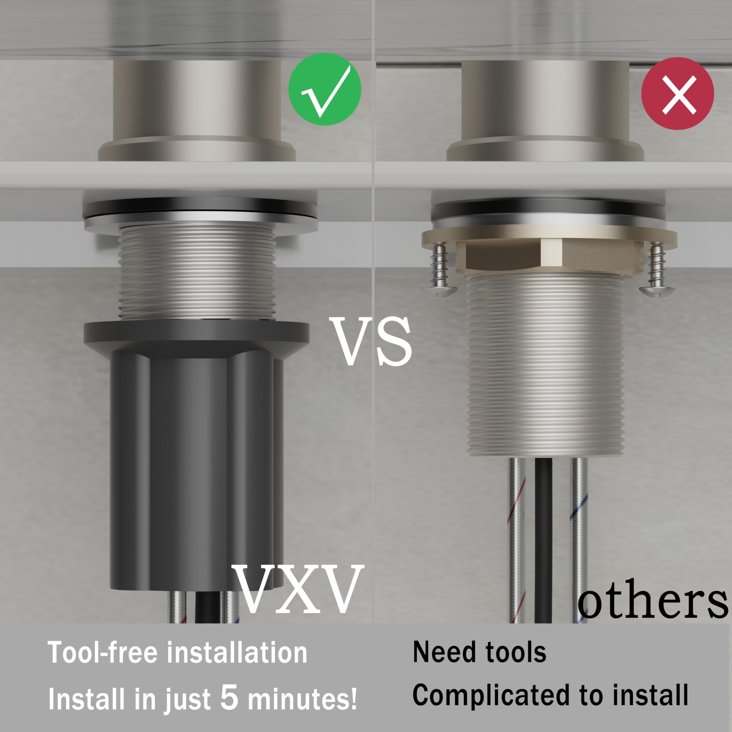 VXV detachable 10-inch deck plate enables quick installation on single- or three-hole sinks.