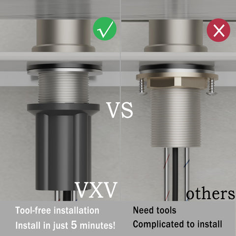 VXV detachable 10-inch deck plate enables quick installation on single- or three-hole sinks.