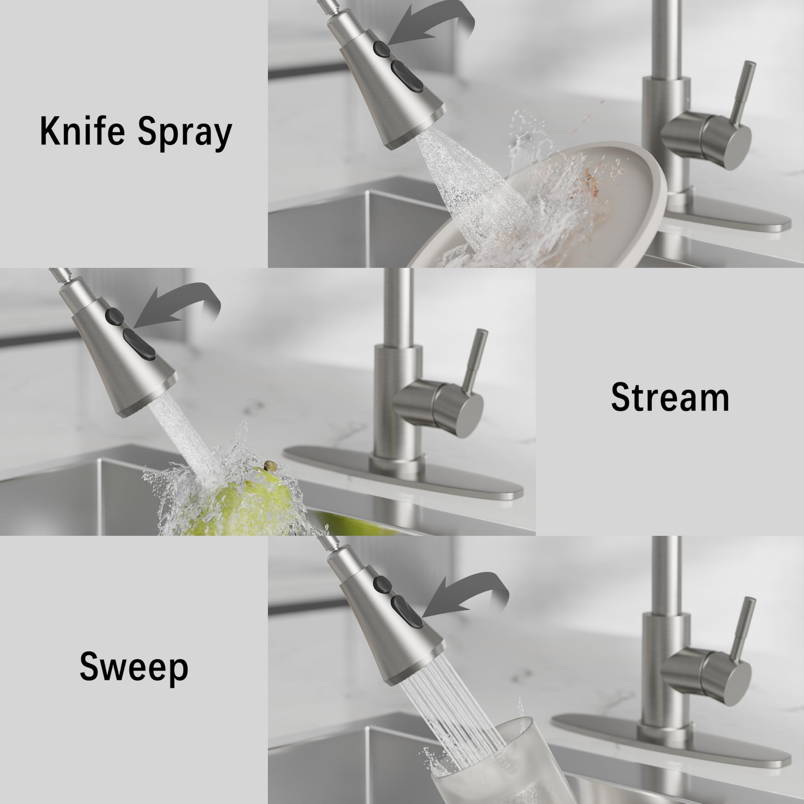 VXV kitchen faucet offering stream, spray, and blade spray for versatile tasks.