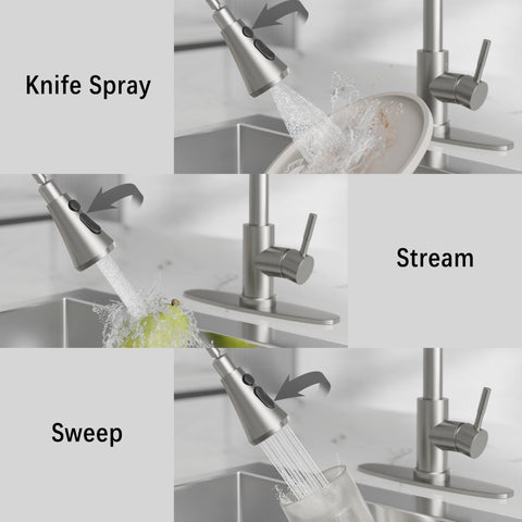 VXV kitchen faucet offering stream, spray, and blade spray for versatile tasks.