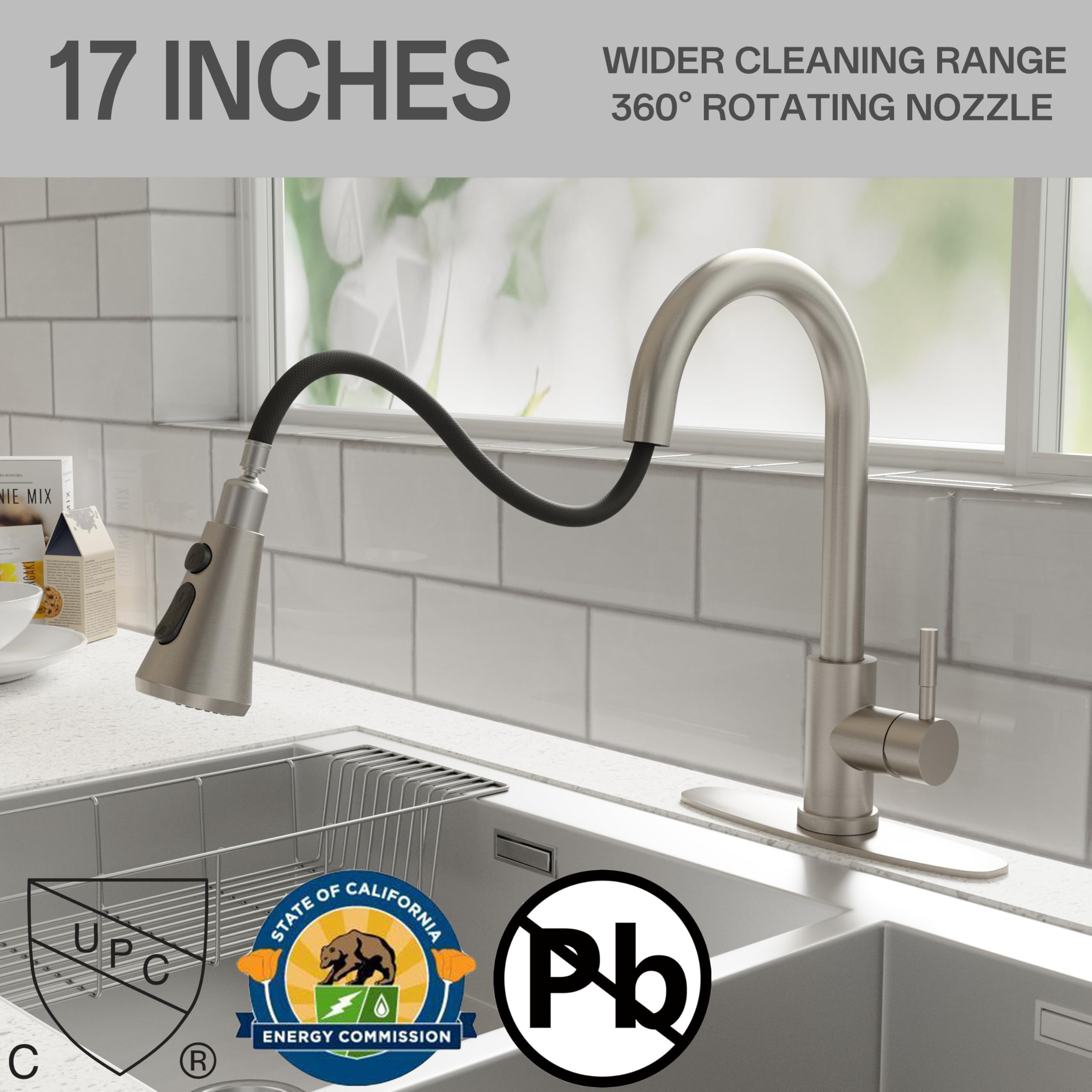 VXV SUS 304 stainless steel kitchen faucet emphasizes durable, lead-free performance.