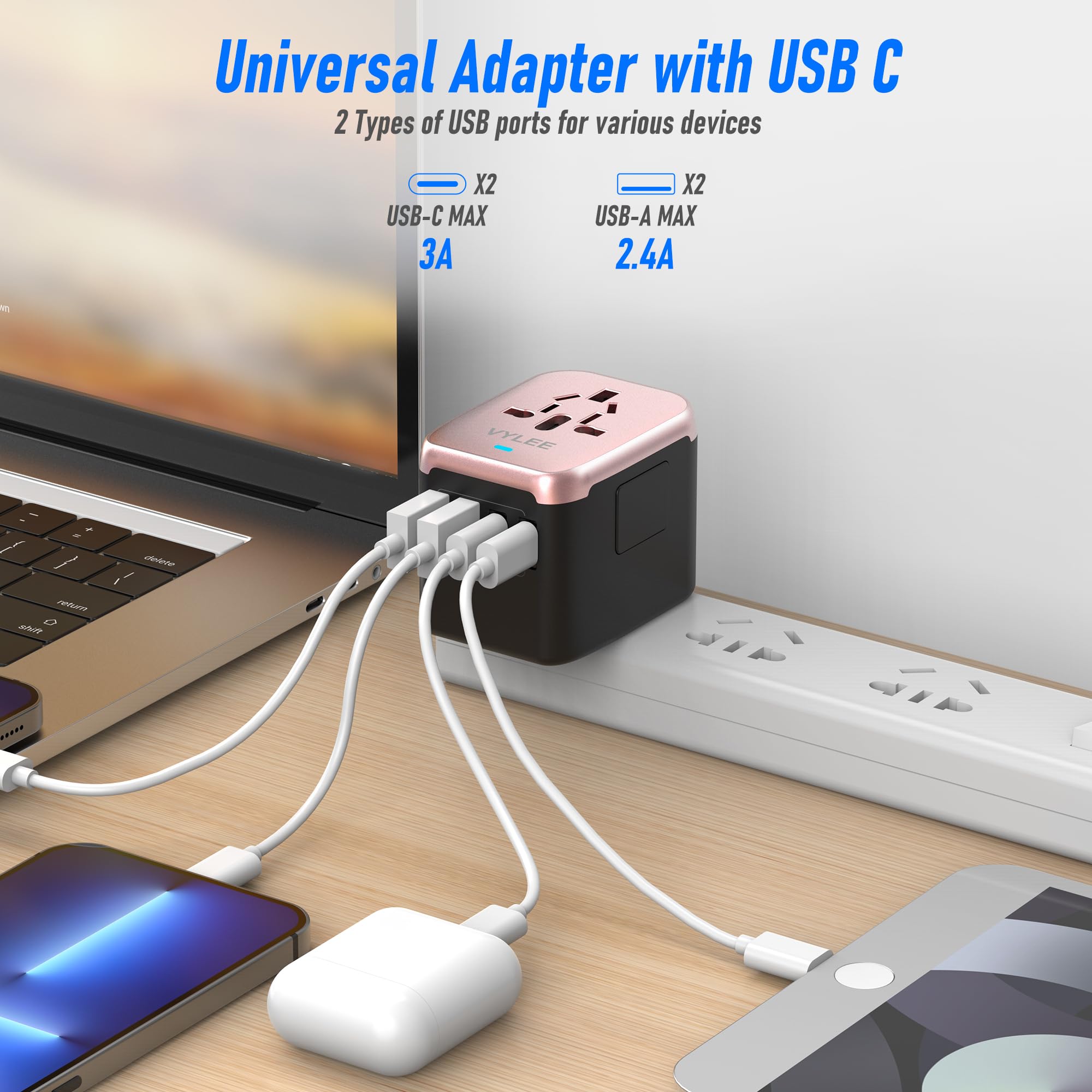 VYLEE 5-in-1 travel adapter supports USA, EU, UK, AU sockets for versatile use.