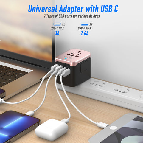 VYLEE 5-in-1 travel adapter supports USA, EU, UK, AU sockets for versatile use.
