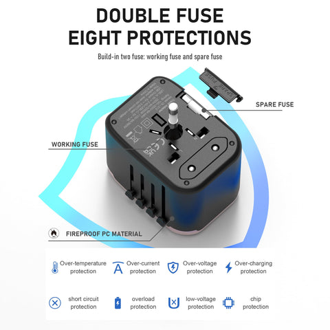 VYLEE supports Europe, USA, UK, and AU plug types for trips.