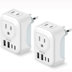 VYLEE 6-in-1 travel adapter front view with multiple ports for easy charging on the go