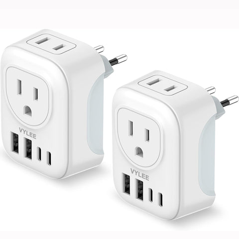 VYLEE 6-in-1 travel adapter front view with multiple ports for easy charging on the go