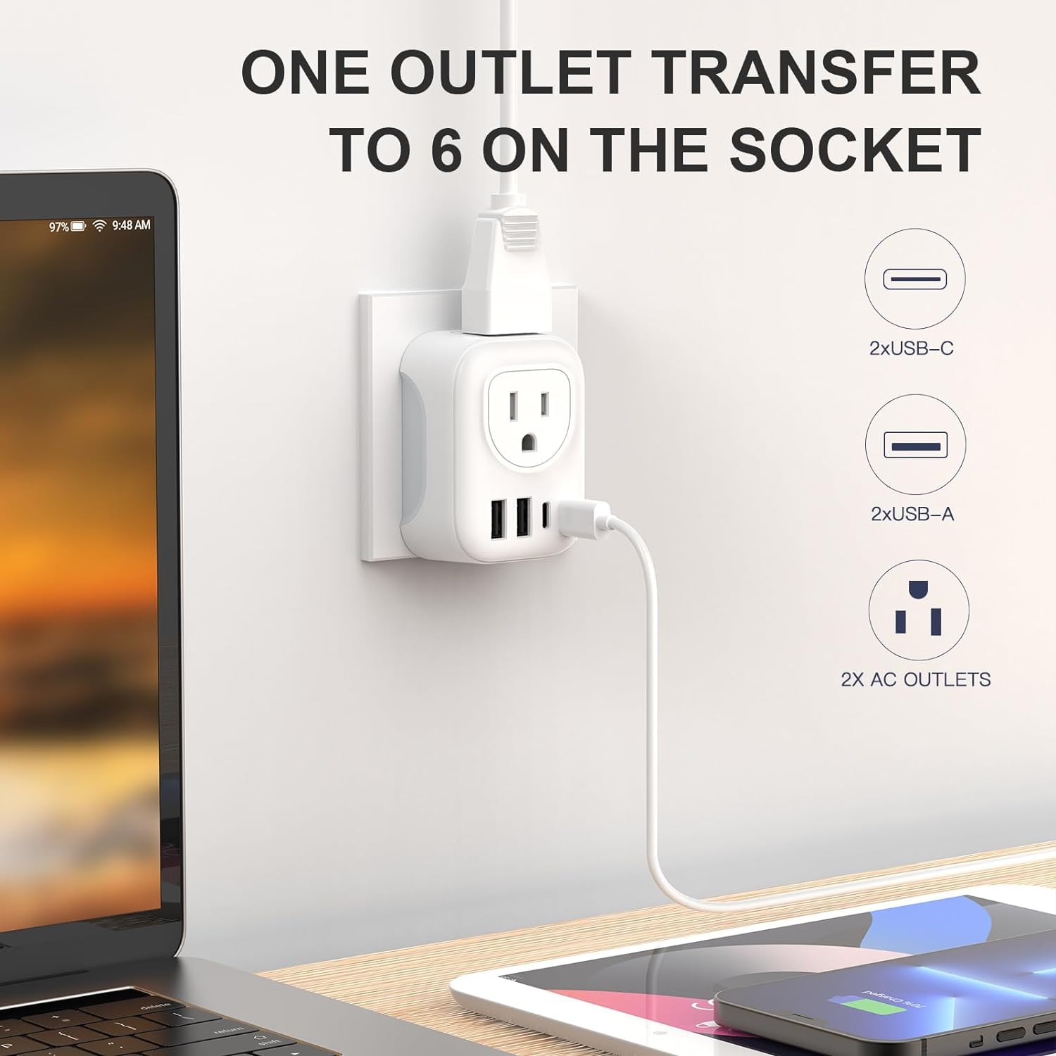 VYLEE travel adapter with two US outlets ready for simultaneous device charging