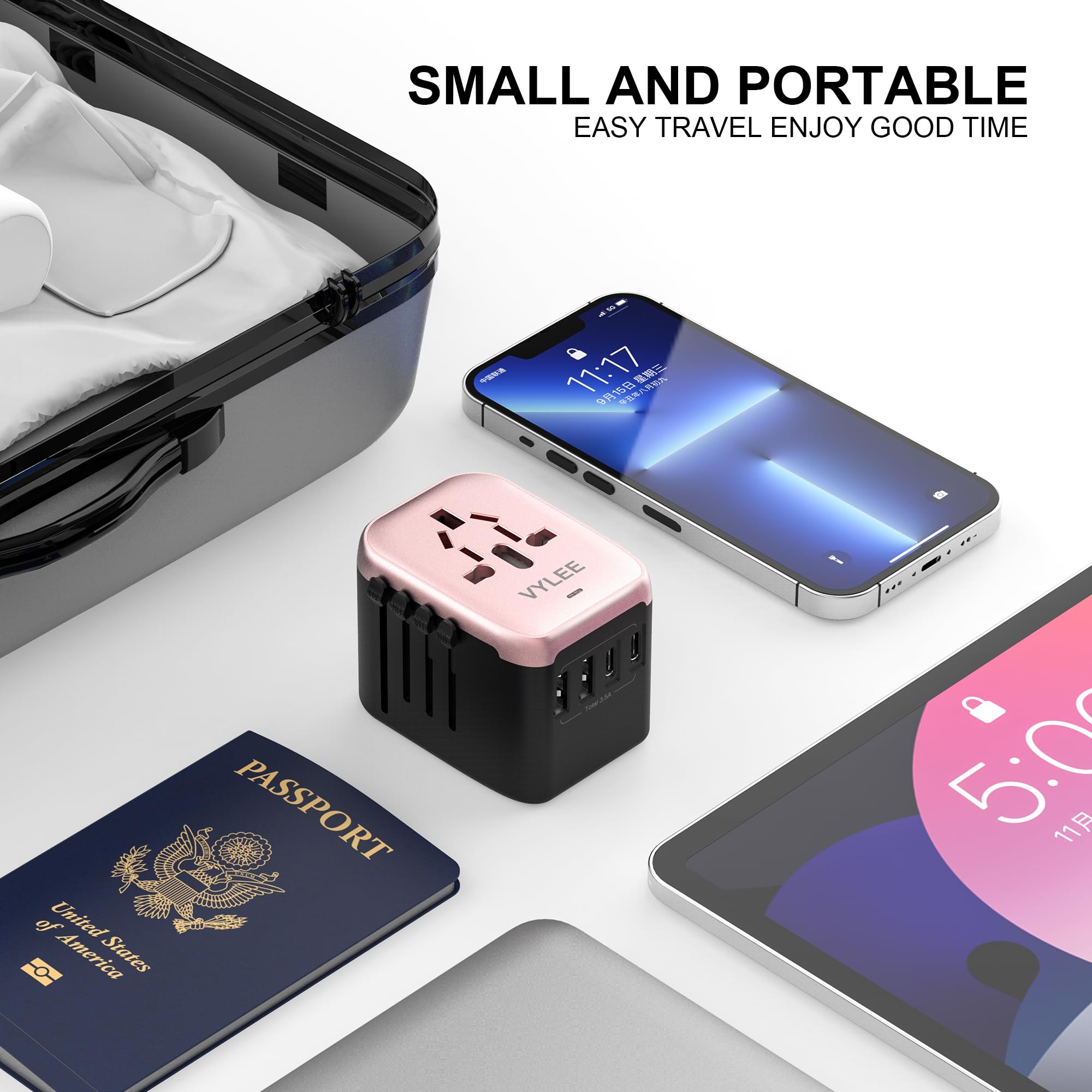 VYLEE adapter fits hotel and dorm sockets worldwide for convenience.