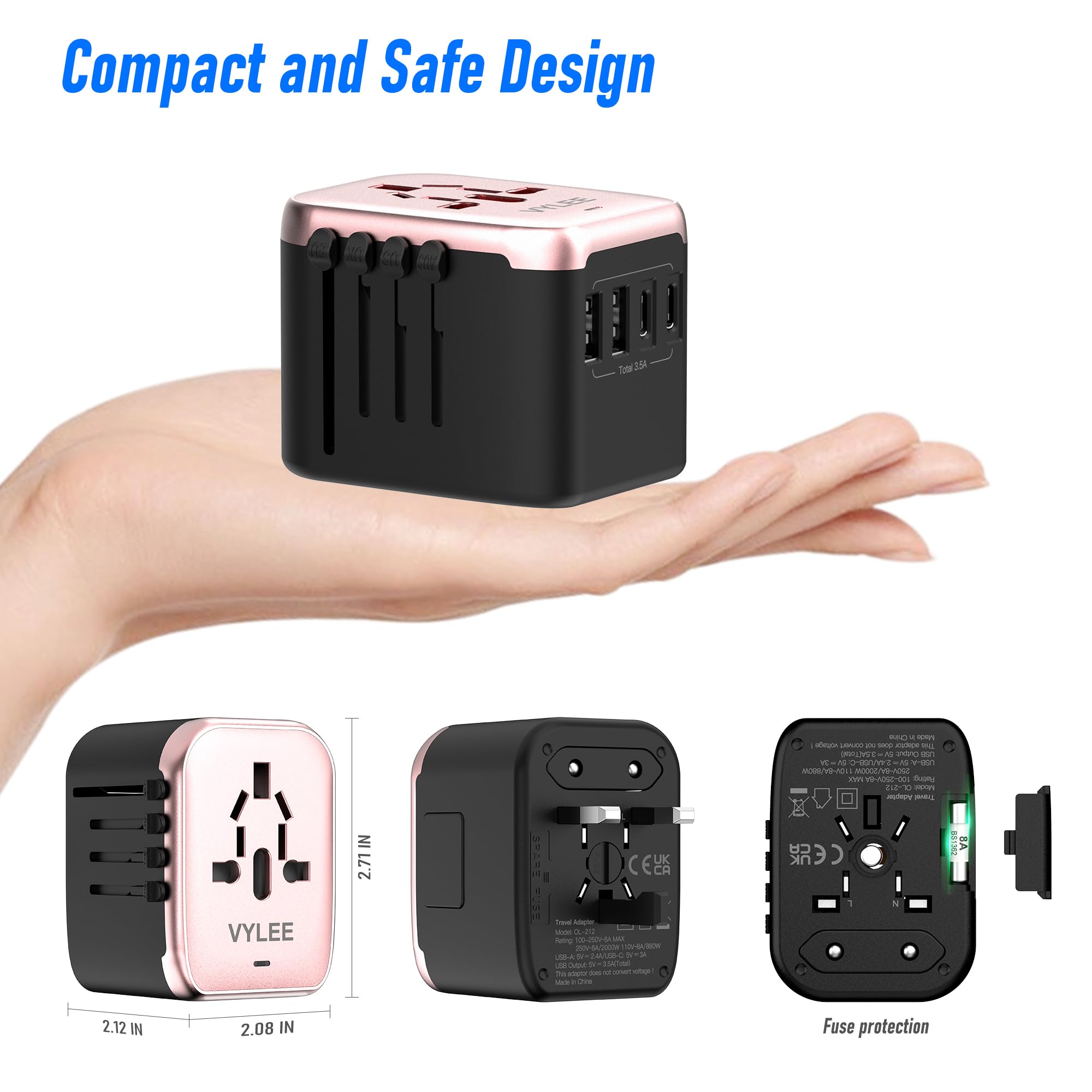 VYLEE built-in 8A fuse with CE and RoHS safety approvals.
