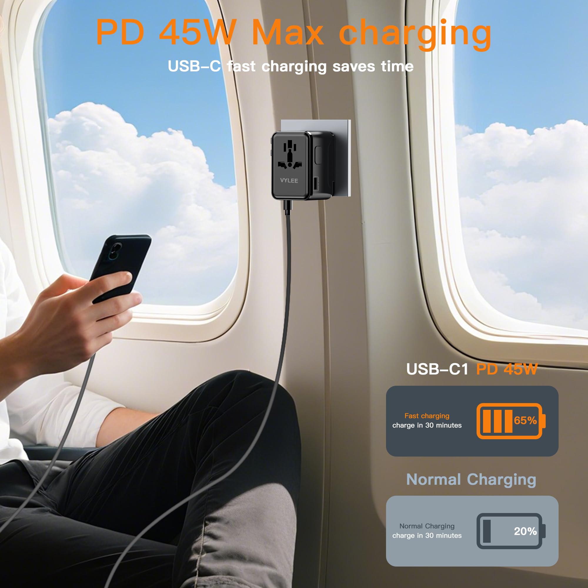 VYLEE 45W USB-C PD port enables fast charging