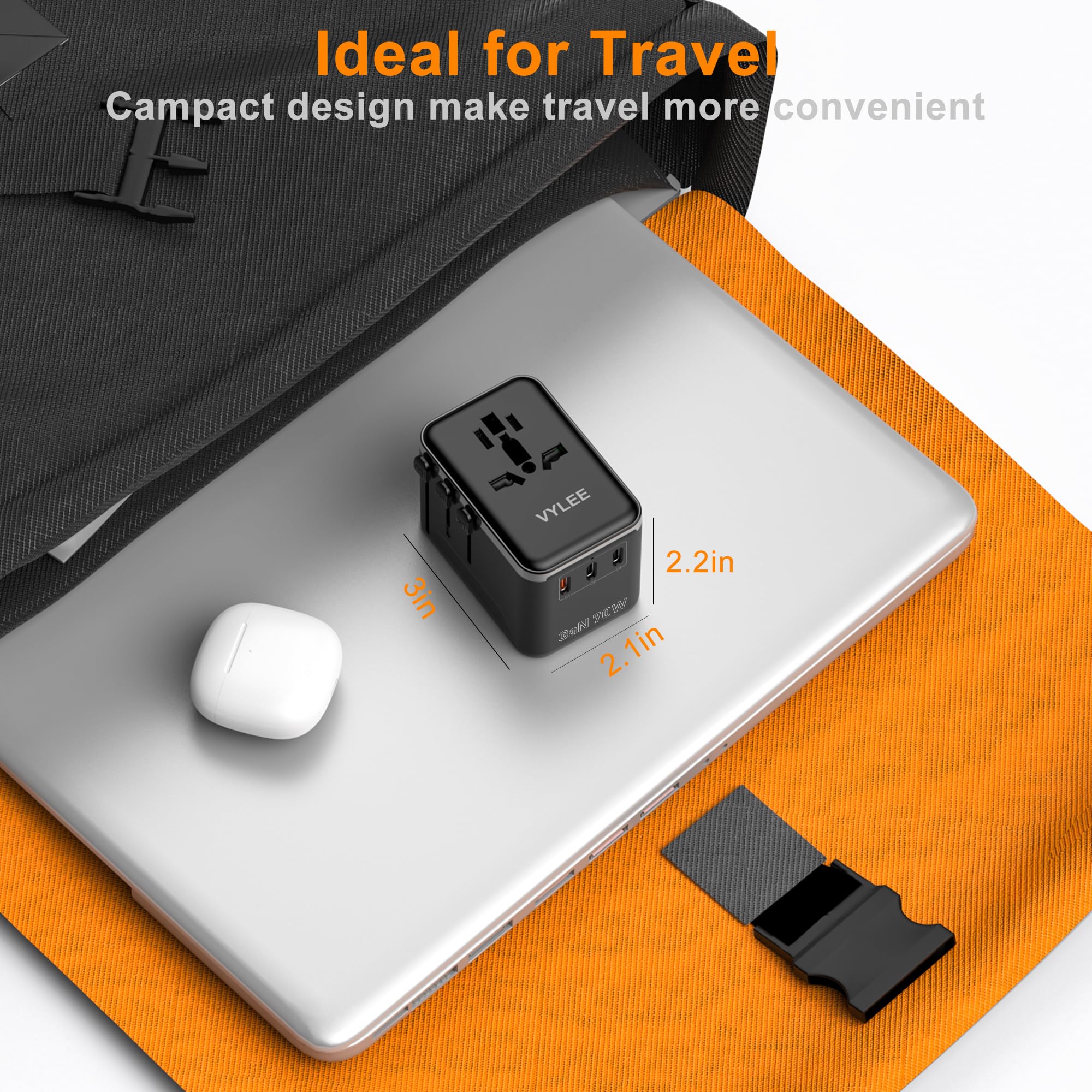 VYLEE compact travel adapter size fits easily in a carry-on