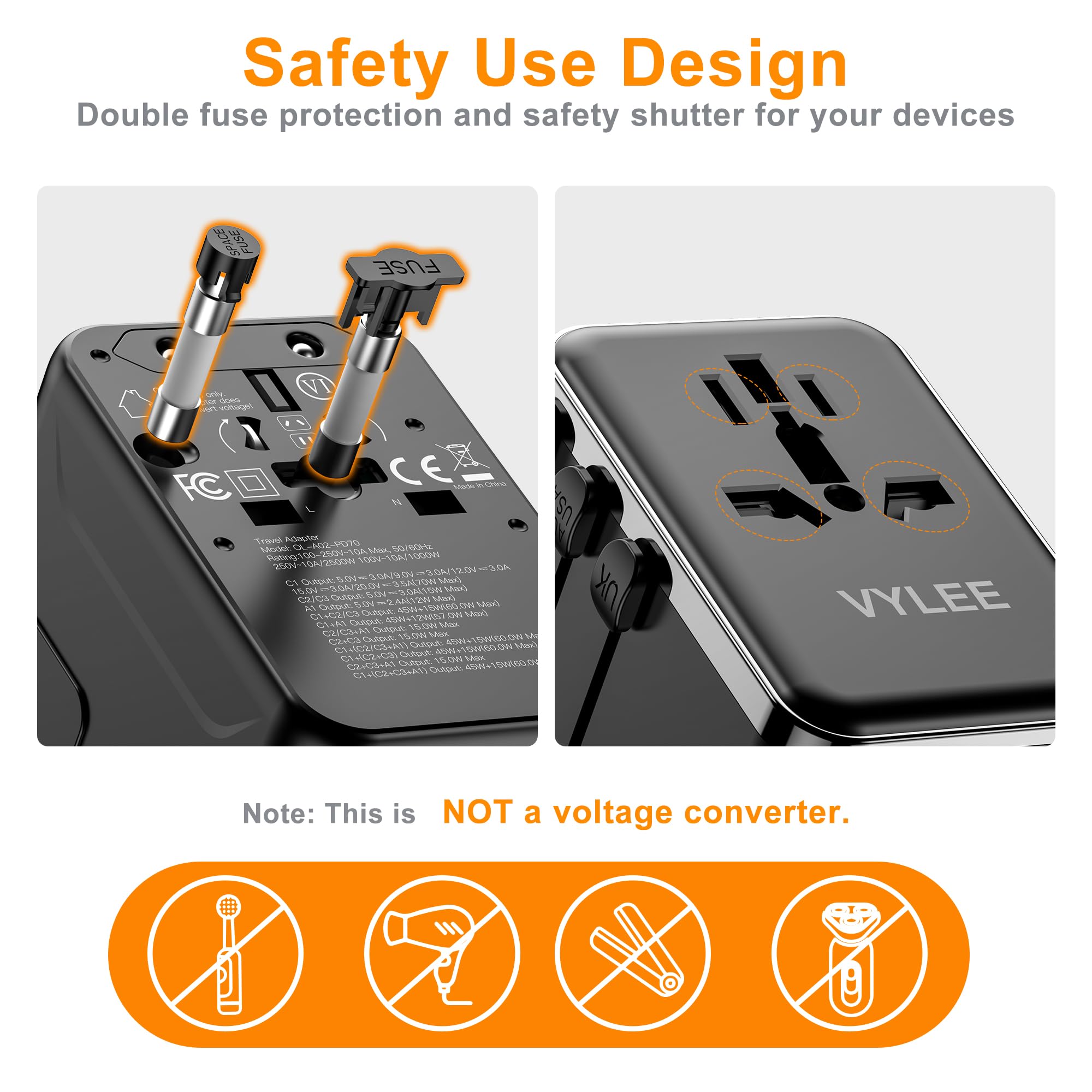 VYLEE cruise-friendly adapter with no surge protection for cabin use
